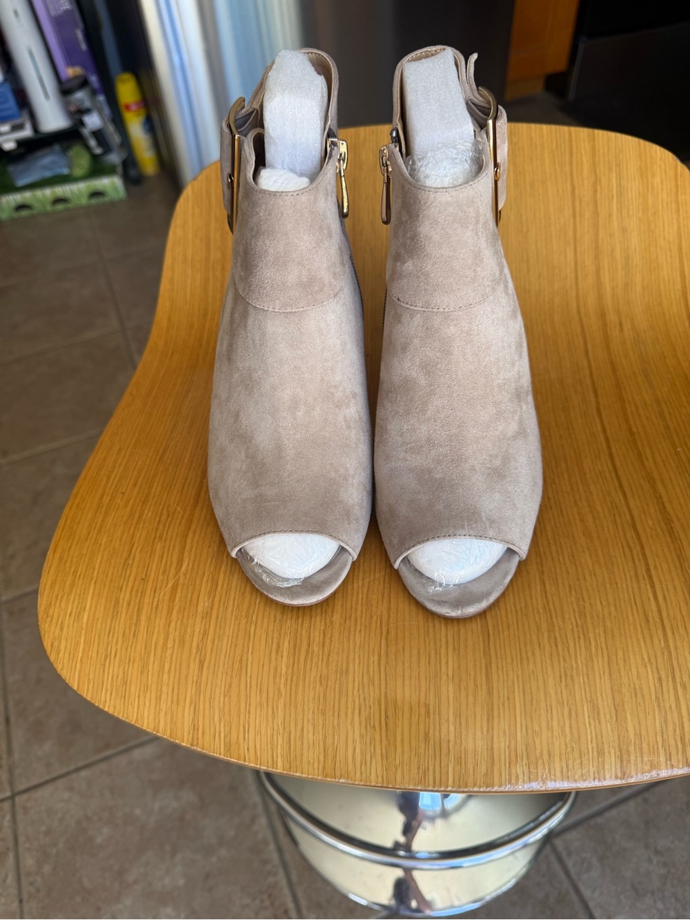 Vanelli “belle” Suede Peep-Toe Ankle Booties - Taupe 8.5